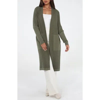 Rain And Rose Ribbed Longline Coatigan With Pockets In Green
