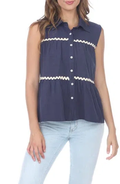 Rain And Rose Ric Rac Tiered Sleeveless Top In Blue