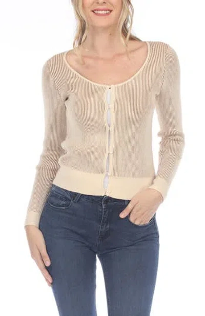 Rain And Rose Scoop Neck Fitted Rib Cardigan In White/beige