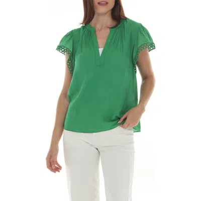 Rain And Rose Split Neck Lace Trim Top In Green