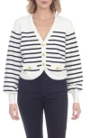 Rain And Rose Stripe Button Front Crop Cardigan In White/black
