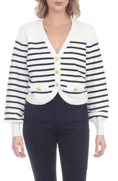 Rain And Rose Stripe Button Front Crop Cardigan In White/black