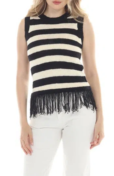 Rain And Rose Stripe Fringe Knit Tank Top In Black