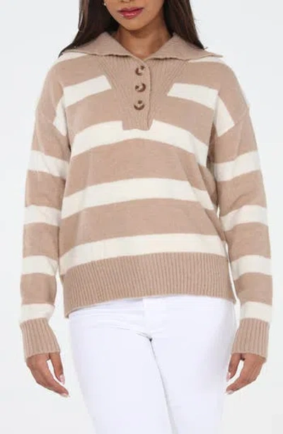 Rain And Rose Stripe Knit Polo Sweater In Brown