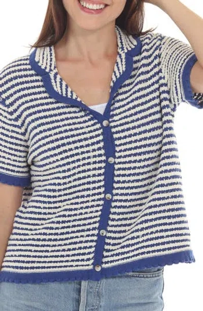 Rain And Rose Stripe Open Knit Cardigan In Blue