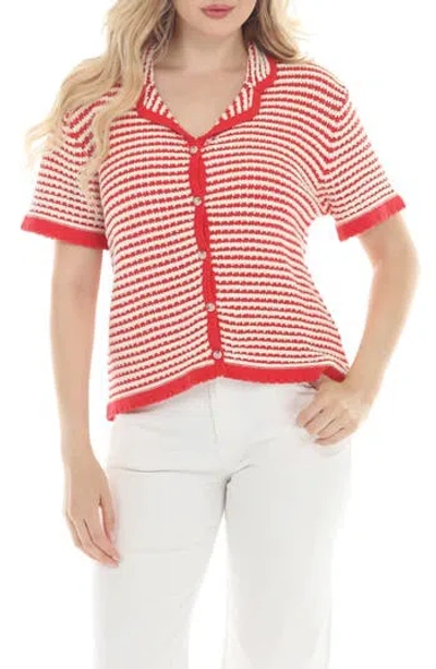 Rain And Rose Stripe Open Knit Cardigan In Red