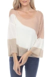 Rain And Rose Stripe Three-quarter Sleeve Openwork Knit Top In Beige