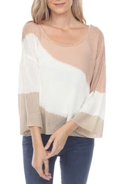 Rain And Rose Stripe Three-quarter Sleeve Openwork Knit Top In Beige