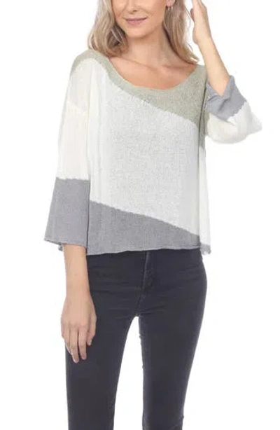 Rain And Rose Stripe Three-quarter Sleeve Openwork Knit Top In Grey