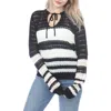 Rain And Rose Stripe Tie Keyhole Open Stitch Sweater In Black Stripe