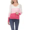 Rain And Rose Stripe V-neck Long Sleeve Openwork Knit Top In Fuchsia