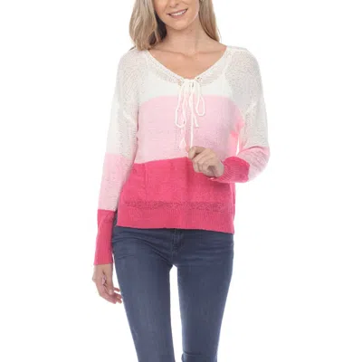 Rain And Rose Stripe V-neck Long Sleeve Openwork Knit Top In Fuchsia