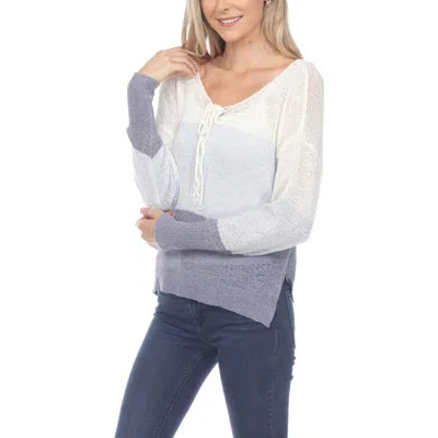Rain And Rose Stripe V-neck Long Sleeve Openwork Knit Top In Grey