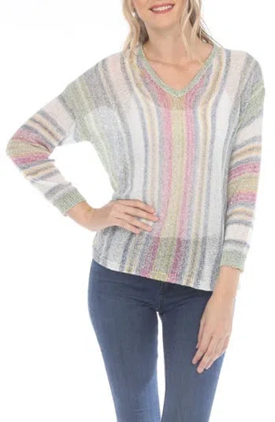 Rain And Rose Stripe V-neck Long Sleeve Openwork Knit Top In Olive