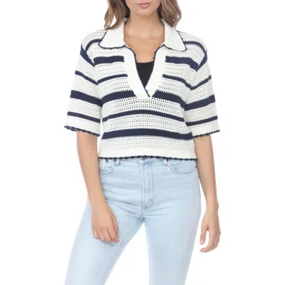 Rain And Rose Striped Open Stitch Polo In White