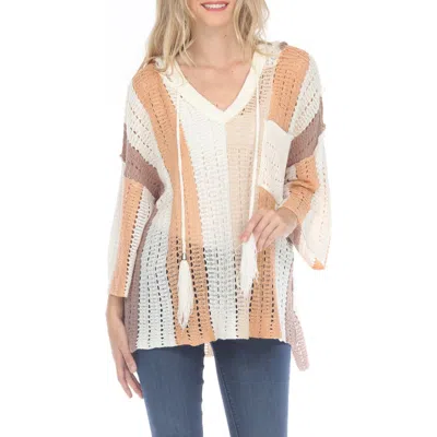Rain And Rose Three-quarter Sleeve Open Stitch Hooded Top In Rust
