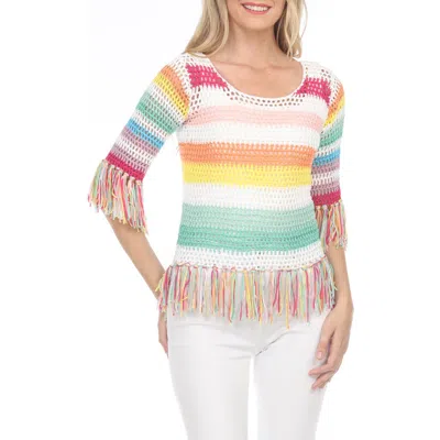 Rain And Rose Three-quarter Sleeve Rainbow Open Stitch Top In Aqua/white Multi