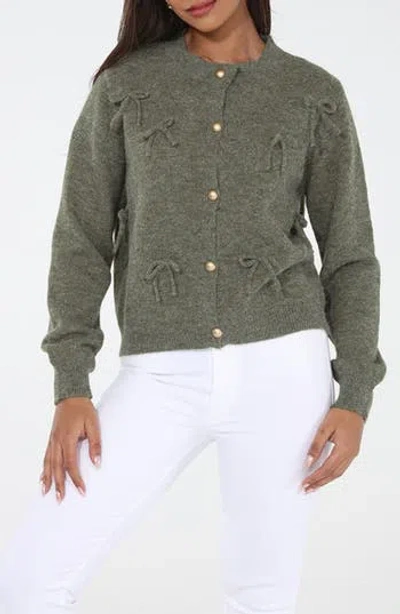 Rain And Rose Tiny Bow Cardigan In Olive