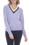 Rain And Rose V-neck Varsity Sweater In Purple