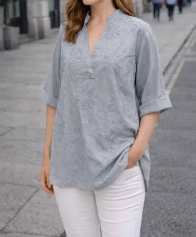 Rain + Rose Embroidered Cotton Top In Light Blue In Gray