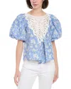 Rain + Rose Rain Bubble Sleeve Top In Blue