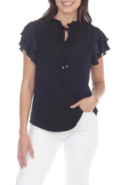 Rain Tie Neck Flutter Sleeve Top In Black