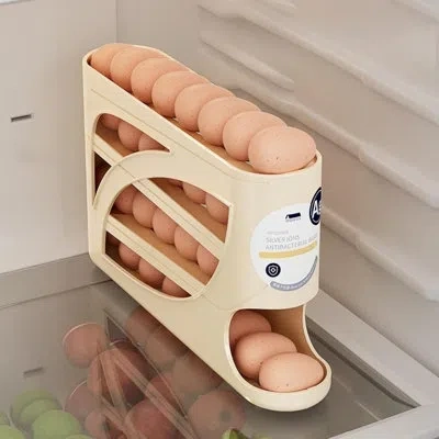Rainbean Egg Storage Box (set Of 2), Automatic Rolling Egg Holder For Fridge, 4-tier Space-saving Egg Dispens In Yellow