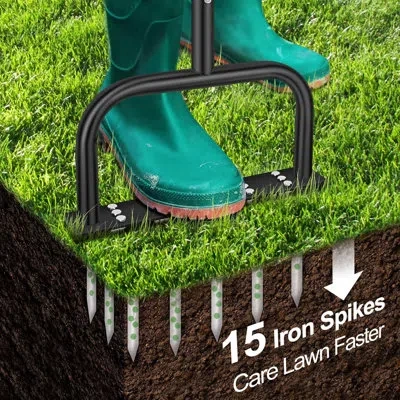 Rainbean Spike Lawn Aerator Manual Tool With 15 Spikes, T-handle & Solid Foot Plate – Heavy-duty Steel Grass  In Black