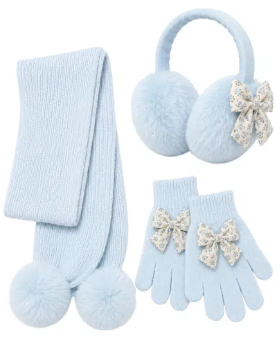 Rainbow Sugar Kids' Girls' Bow Pom-pom Earmuffs, Scarf And Gloves, 3-piece Set In Blue