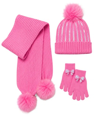 Rainbow Sugar Kids' Girls' Bow Sequin Cold-weather Pom-pom Hat, Scarf, And Gloves, 3-piece Set In Pink