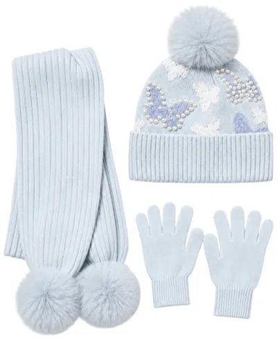 Rainbow Sugar Kids' Girls' Butterfly Pom-pom Ribbed Knit Hat, Scarf And Gloves, 3-piece Set In Blue