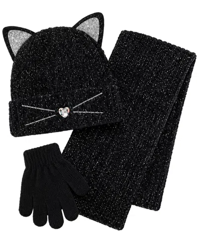 Rainbow Sugar Kids' Girls' Cat Ribbed-cuff Hat, Scarf, And Gloves, 3-piece Set In Black