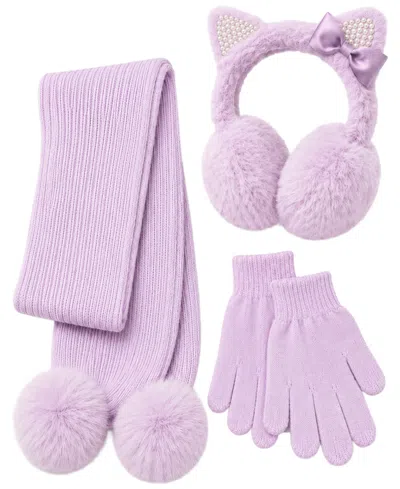 Rainbow Sugar Kids' Girls' Kitty Faux-fur Pom-pom Earmuffs, Scarf And Gloves, 3-piece Set In Pink