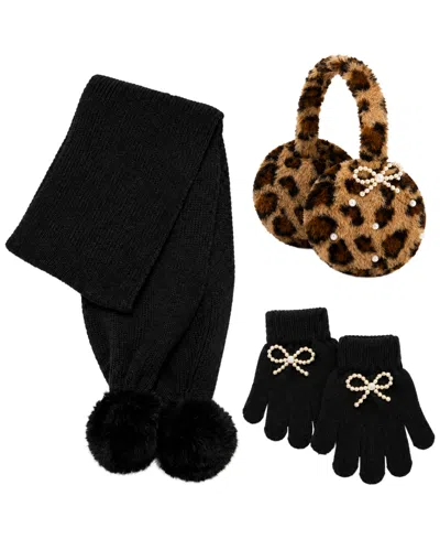 Rainbow Sugar Kids' Girls' Leopard Bow Earmuffs, Scarf And Gloves, 3-piece Set In Multicolor,brown,black