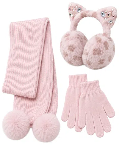 Rainbow Sugar Kids' Girls' Leopard Pom-pom Earmuffs, Scarf And Gloves, 3-piece Set In Pink