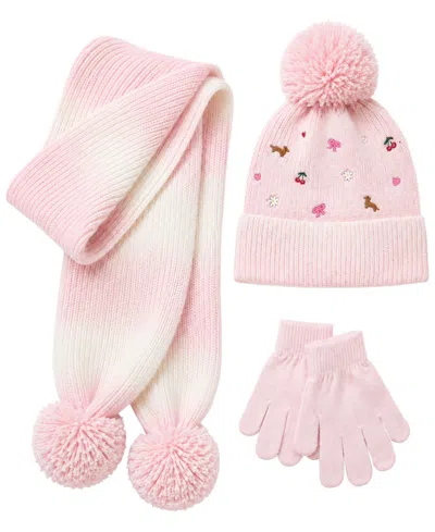 Rainbow Sugar Kids' Girls' Ombre Pom-pom Ribbed Knit Hat, Scarf And Gloves, 3-piece Set In Pink