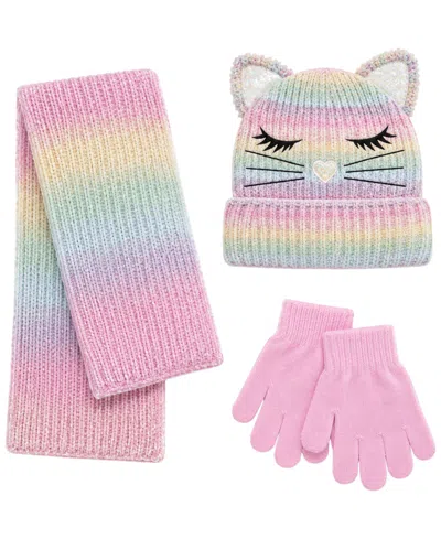 Rainbow Sugar Kids' Girls' Pastel Kitty Cat-ear Ombre Embroidered Hat, Scarf And Gloves, 3-piece Set In Multi Color