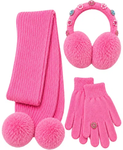 Rainbow Sugar Kids' Girls' Rhinestone Pom-pom Faux-fur Earmuffs, Scarf And Gloves, 3-piece Set In Hot Pink