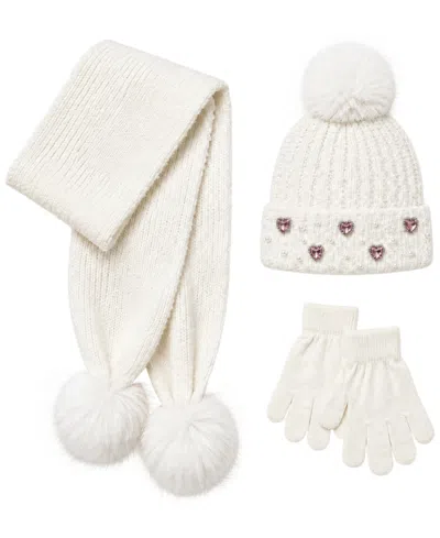 Rainbow Sugar Kids' Girls' Rhinestone Pom-pom Hat, Scarf And Gloves, 3-piece Set In White