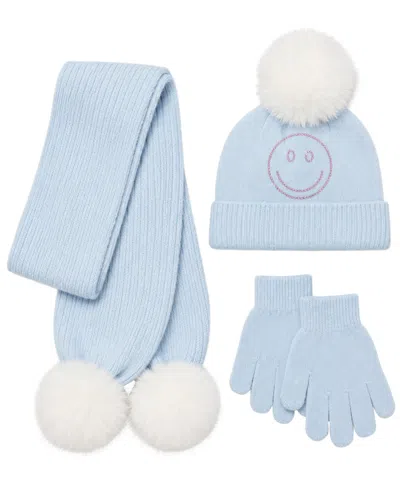 Rainbow Sugar Kids' Girls' Smiley Sequin Pom-pom Cold-weather Hat, Scarf And Gloves, 3-piece Set In Blue