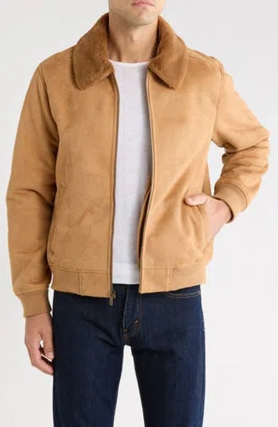 Rainforest Bonded Faux Suede Bomber Jacket With Faux Fur Collar In Camel