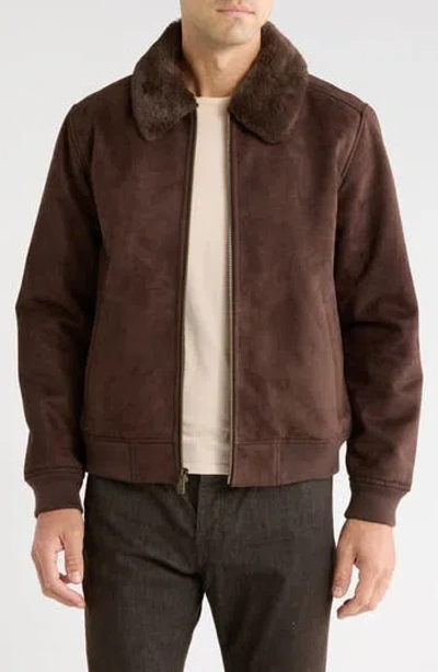 Rainforest Bonded Faux Suede Bomber Jacket With Faux Fur Collar In Chocolate
