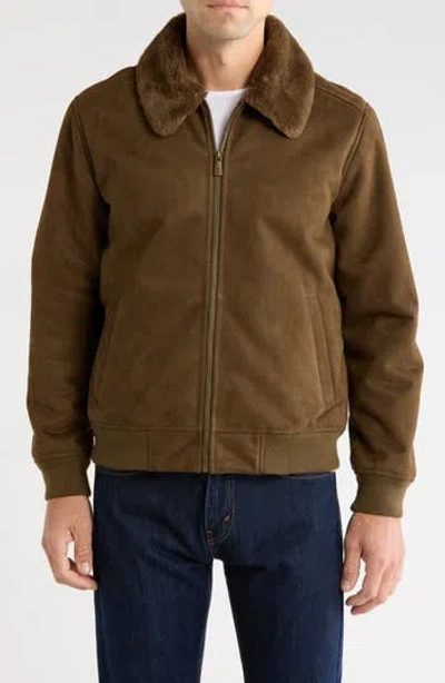 Rainforest Bonded Faux Suede Bomber Jacket With Faux Fur Collar In Timber
