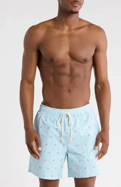 Rainforest Flamingo Seersucker Swim Trunks In Blue