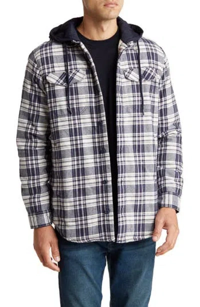 Rainforest Plaid Flannel Faux Shearling Lined Hooded Shirt Jacket In Navy/beige Plaid