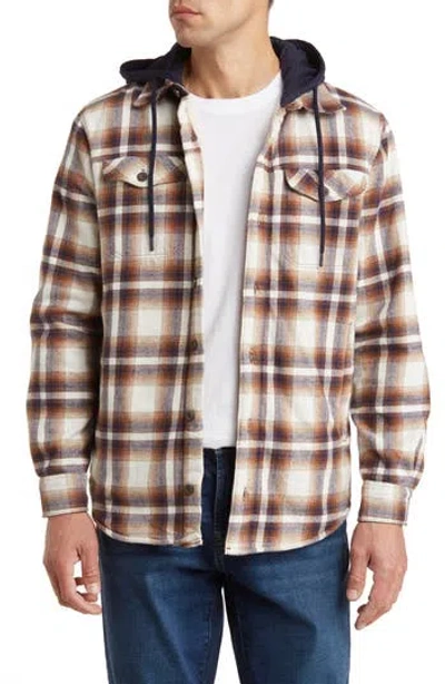 Rainforest Plaid Flannel Faux Shearling Lined Hooded Shirt Jacket In White/brown Plaid