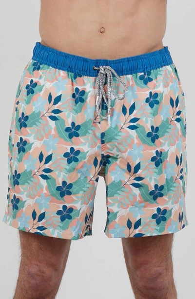 Rainforest Tropical Floral Swim Trunks In Blue/ Green/ Ivory