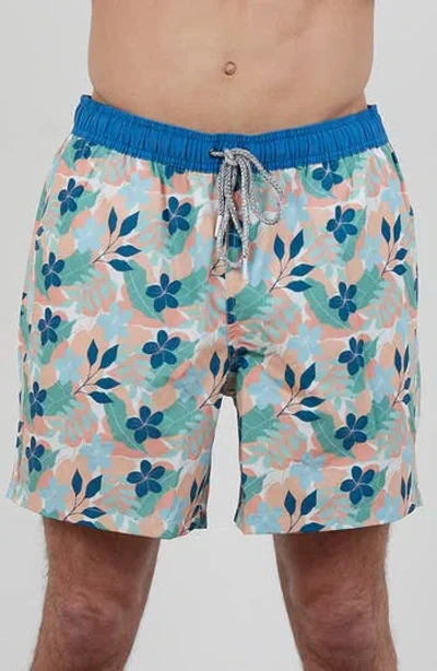 Rainforest Tropical Floral Swim Trunks In Blue/green/ivory
