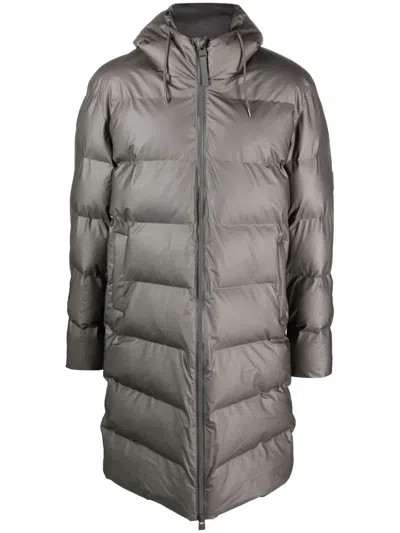 Rains Gray Long Puffer Coat In Metallic Grey