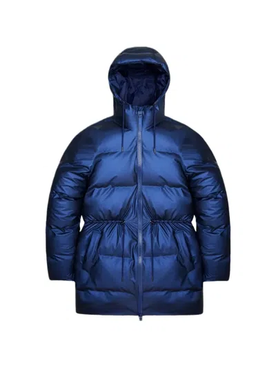 Rains Alta Long Quilted Hooded Coat In Blue